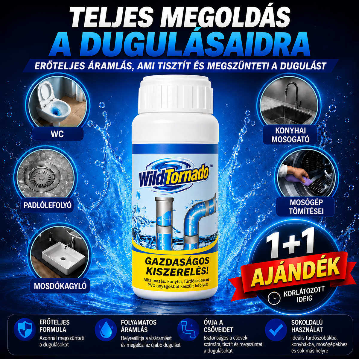 WildTornado – Erőteljes Lefolyótisztító Por 🧽 | 2 az 1-ben: Megszünteti a Dugulást és Tisztít – Csak Ma!